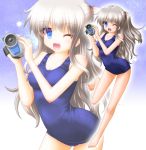  1girl blue_eyes camcorder charlotte_(anime) long_hair school_swimsuit shion_faru silver_hair swimsuit tomori_nao twintails two_side_up zoom_layer 