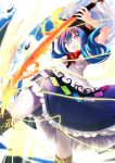  1girl arm_up blue_hair boots cross-laced_footwear dress food fruit hat highres hinanawi_tenshi lace-up_boots lightning long_hair looking_at_viewer naomi_(sekai_no_hate_no_kissaten) open_mouth peach red_eyes ribbon solo sword_of_hisou touhou white_legwear 
