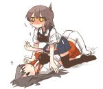  2girls ? akagi_(kantai_collection) black_eyes blush brown_hair girl_on_top japanese_clothes kaga_(kantai_collection) kantai_collection lying multiple_girls muneate no_mouth no_nose on_back rebecca_(keinelove) sweat yellow_eyes yuri 