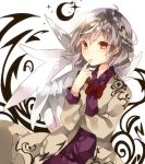  1girl blush bow bowtie braid dress finger_to_mouth jacket kishin_sagume long_sleeves looking_at_viewer purple_dress red_eyes short_hair silver_hair single_wing solo sweetroad touhou upper_body wings 