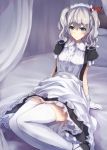  1girl alternate_costume apron blue_eyes blush dress enmaided gloves highres kantai_collection kashima_(kantai_collection) konkito looking_at_viewer maid maid_headdress puffy_sleeves short_sleeves sidelocks silver_hair sitting skirt solo thigh-highs tsurime twintails wavy_hair white_gloves white_legwear 