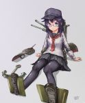  1girl akatsuki_(kantai_collection) anchor_symbol bespectacled black_legwear black_skirt blouse cannon flat_cap folded_ponytail glasses hair_ornament hairclip hat highres kantai_collection loafers long_hair machinery neckerchief pantyhose pleated_skirt purple_hair school_uniform serafuku shield shoes sitting skirt smokestack solo torpedo turret violet_eyes 