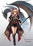  1girl brown_hair capelet eruthika fantasy highres horns long_hair monster original red_eyes solo staff wings 