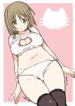  1girl black_legwear blush bra breasts brown_eyes brown_hair cat_cutout cat_ear_panties cat_lingerie cleavage cleavage_cutout flower hair_flower hair_ornament idolmaster idolmaster_cinderella_girls large_breasts looking_at_viewer mimura_kanako navel panties short_hair side-tie_panties sketch solo sumeragi_kohaku thigh-highs underwear underwear_only white_bra white_panties 