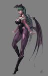  1girl absurdres aqua_hair ass bat_print boots breasts collarbone elbow_gloves gloves grey_background head_wings highres large_breasts lipstick long_hair makeup midfinger22 morrigan_aensland pantyhose profile skin_tight solo vampire_(game) wings yellow_eyes 