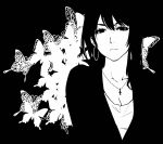  1girl black_hair blending butterfly cross cross_necklace earrings eyelashes hoop_earrings jacket jewelry long_hair looking_at_viewer monochrome open_clothes open_jacket original poaro simple_background solo white_background 