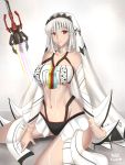  1girl artist_name attila_(fate/grand_order) bare_shoulders bodypaint choker collarbone dark_skin detached_sleeves fate/grand_order fate_(series) groin highres looking_at_viewer midriff navel nuypiya_hehasuk red_eyes short_hair solo sword veil weapon white_hair 