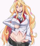  1girl :d blonde_hair blue_eyes blush breasts claudia_enfield gakusen_toshi_asterisk groin hair_between_eyes large_breasts long_hair looking_at_viewer navel open_mouth panties pink_panties school_uniform shirt_lift smile solo string_panties takara_joney underwear white_background 