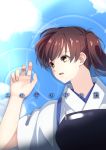 1girl blue_sky brown_eyes brown_hair clouds commentary_request cover cover_page doujinshi furo_(harirate) hakama_skirt highres japanese_clothes kaga_(kantai_collection) kantai_collection long_hair looking_to_the_side lying muneate on_back open_mouth reflection ripples side_ponytail sky solo tasuki translated water 