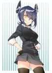  1girl breasts checkered_necktie eyepatch fingerless_gloves gloves hand_on_hip headgear highres kantai_collection large_breasts looking_at_viewer looking_down necktie partly_fingerless_gloves purple_hair school_uniform short_hair solo tenryuu_(kantai_collection) thigh-highs yellow_eyes 