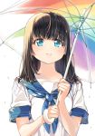  1girl black_hair blue_eyes long_hair megumoke original rain school_uniform serafuku smile solo umbrella 