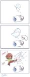  3koma :d ankle_boots boots brown_hair chara_(undertale) comic evil_grin evil_smile fangs flying_kick ghost grin hato_moa headphones kicking leggings mettaton mettaton_(ghost) napstablook open_mouth red_eyes shirt shorts signature simple_background smile solid_circle_eyes spoilers striped striped_shirt tagme tears undertale white_background 