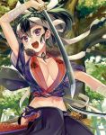  1girl :d bandages breasts cleavage forest fur green_hair hip_vent japanese_clothes nature navel open_mouth rinhachi sheath smile solo traditional_clothes tree violet_eyes weapon 
