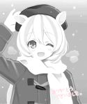  +++_(artist) 1boy animal_ears blush breath coat hat looking_at_viewer male_focus monochrome one_eye_closed open_mouth original scarf smile snow solo translation_request 