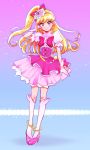  1girl asahina_mirai blonde_hair blue_background bow brooch cure_miracle full_body gloves gradient gradient_background hair_bow hairband half_updo hat jewelry kneehighs long_hair looking_at_viewer magical_girl mahou_girls_precure! mini_hat mini_witch_hat pink_background pink_bow pink_hat pink_shoes pink_skirt ponytail precure puffy_sleeves red_bow shoes skirt smile solo sparkle standing sukebeipeople violet_eyes white_gloves white_legwear witch_hat 
