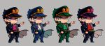  4boys alternate_costume black_hair blue_hair chain chibi gakuran green_hair hand_in_pocket hat highres jojo_no_kimyou_na_bouken kuujou_joutarou male_focus multiple_boys multiple_persona pointing saiouga-uma school_uniform star_print yellow_eyes 