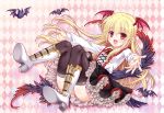  1girl :3 :d ankoromochi argyle argyle_background bat blonde_hair collared_shirt fang frilled_skirt frills granblue_fantasy head_wings long_hair open_mouth outstretched_arms red_eyes shingeki_no_bahamut shirt skirt smile spread_arms tail thigh-highs vampy wing_collar 