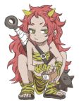  1girl :t beans club eating full_body highres horns long_hair midriff oni original redhead sandals setsubun simple_background solo squatting tiger_print weapon white_background yamamoto_souichirou yellow_eyes 