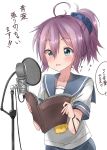 1girl aoba_(kantai_collection) blue_eyes book cable collared_shirt commentary_request hair_between_eyes highres holding holding_book kantai_collection kerchief messy_hair microphone microphone_stand neckerchief open_book open_mouth pentagon_(railgun_ky1206) ponytail pop_filter purple_hair school_uniform scrunchie serafuku shirt short_sleeves simple_background solo translated uniform white_background 