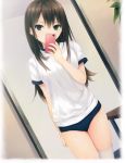  1girl brown_hair buruma cellphone coffee-kizoku dutch_angle green_eyes gym_uniform head_tilt highres idolmaster idolmaster_cinderella_girls long_hair mirror phone reflection scan shibuya_rin smartphone solo taking_picture thigh-highs white_legwear 