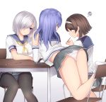  3girls arched_back black_hair black_legwear blue_eyes blue_hair book breasts brown_eyes brown_hair chair collared_shirt double_bun elbow_gloves eyes_visible_through_hair gloves hair_ornament hair_over_one_eye hairband hairclip hamakaze_(kantai_collection) highres holding_pencil kantai_collection large_breasts leaning leaning_forward leg_up long_hair multiple_girls neckerchief neit_ni_sei no_hat no_headwear open_book panties panties_under_pantyhose pantyhose pencil pleated_skirt school_uniform serafuku shirt short_hair silver_hair simple_background sitting skirt smile socks table tanikaze_(kantai_collection) underwear urakaze_(kantai_collection) white_background white_gloves white_legwear white_panties 