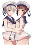  2girls bare_shoulders blue_eyes blush brown_eyes brown_hair clothes_writing dress hat highres hug kantai_collection multiple_girls no_bra oniku_(oishii_oniku) panties sailor_collar sailor_dress sailor_hat short_hair silver_hair sleeveless smile underwear water wet wet_clothes z1_leberecht_maass_(kantai_collection) z3_max_schultz_(kantai_collection) 