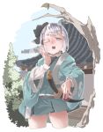  1girl adapted_costume alternate_costume breath green_eyes hairband highres katana konpaku_youmu long_sleeves looking_at_viewer miniskirt one_eye_closed open_mouth reiga_(act000) ribbon shirt short_hair silver_hair skirt solo sword touhou vest weapon wide_sleeves yawning 