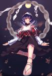  1girl full_body gradient gradient_background grin hair_bun hairband jpeg_artifacts kaiza_(rider000) light long_sleeves looking_at_viewer mirror puffy_sleeves purple_hair red_eyes rope sandals shimenawa shirt short_hair skirt smile solo touhou yasaka_kanako 