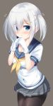  1girl :&lt; alternate_hairstyle bangs black_legwear blue_eyes blush breasts buttons character_request chestnut_mouth cleavage gloves grey_background hair_ornament hairclip hamakaze_(kantai_collection) hands_together kantai_collection legs_together looking_at_viewer open_mouth ribbon sailor shirt short_hair short_sleeves simple_background skirt solo tomoo_(tomo) twintails white_gloves white_hair white_shirt 