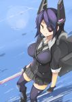  1girl breasts checkered_necktie eyepatch fingerless_gloves gloves headgear kantai_collection kion-kun large_breasts looking_at_viewer looking_up necktie partly_fingerless_gloves purple_hair school_uniform short_hair solo sword tenryuu_(kantai_collection) thigh-highs weapon yellow_eyes 