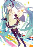  1girl aqua_eyes aqua_hair aqua_necktie bare_shoulders black_legwear boots clenched_hand detached_sleeves golden hair_between_eyes hatsune_miku headphones headset holding holding_microphone long_hair microphone necktie skirt sleeveless smile solo sparkle standing thigh-highs thigh_boots twintails very_long_hair vocaloid yoshiki 
