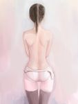  1girl ass back bare_back black_legwear brown_hair clothes_down facing_away from_behind highres leotard mmelica nape original partially_undressed pink_background ponytail realistic short_hair shoulder_blades signature sketch solo thigh-highs thigh_gap topless 