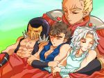  4boys armband blonde_hair brothers brown_hair cape circlet closed_eyes eyebrows facial_hair helmet hokuto_no_ken jacket jagi kenshirou knee_pads long_hair lying lying_on_person male_focus multiple_boys muscle raoh red_cape scar shion_(kokorozashi_on_momo_neko) short_hair shoulder_pads siblings sleeping spikes thick_eyebrows toki_(hokuto_no_ken) white_hair 