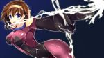  1girl blue_background blue_eyes blush bodysuit bow_(weapon) breasts brown_hair earrings electricity g_gundam gundam hairband jewelry mobile_trace_suit rain_mikamura short_hair skin_tight solo weapon youkan_(mattya_youkan) 