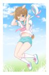  +++_(artist) 1boy ahoge animal_ears blue_eyes blush brown_hair hat hat_removed headwear_removed highres jumping kneehighs male_focus midriff navel one_eye_closed open_mouth original short_shorts shorts sky solo sweatdrop tagme tail 