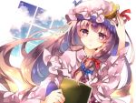  1girl blush book bow capelet crescent dutch_angle hair_bow hat long_hair long_sleeves looking_at_viewer mob_cap patchouli_knowledge purple_hair solo sweetroad touhou upper_body violet_eyes wide_sleeves 