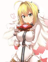  1girl ahoge belt blonde_hair breasts chain fate/extra fate/extra_ccc fate_(series) flower green_eyes heart large_breasts lock moninora_(moninora83) padlock saber_bride saber_extra solo valentine veil 