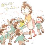  1girl 6+boys apron bowl_cut brothers brown_hair glasses lowres matsuno_choromatsu matsuno_ichimatsu matsuno_juushimatsu matsuno_karamatsu matsuno_matsuyo matsuno_osomatsu matsuno_todomatsu mother_and_son multiple_boys osomatsu-kun sextuplets siblings simple_background translated waist_apron white_background wing_collar 