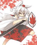  1girl animal_ears bare_shoulders detached_sleeves hat inubashiri_momiji kaginoni leaf looking_at_viewer maple_leaf pom_pom_(clothes) red_eyes shield short_hair silver_hair solo sword tail tokin_hat touhou weapon wide_sleeves wolf_ears wolf_tail 