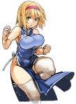  1girl alice_margatroid bare_shoulders blonde_hair blue_dress blue_eyes breasts china_dress chinese_clothes dress hairband large_breasts leg_lift no_panties sachito short_hair side_slit simple_background solo thigh-highs touhou white_background white_legwear 