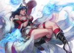  1girl ahri animal_ears aoin bare_shoulders black_hair blue_eyes bracelet breasts facial_mark finger_to_mouth fox_ears fox_tail highres jewelry large_breasts league_of_legends legs multiple_tails solo tail thighs 