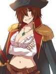  1girl artist_name beatrica_(sennen_sensou_aigis) belt brown_hair cocoa_(tama1201) crossed_arms green_eyes hair_over_one_eye hat jewelry looking_at_viewer navel necklace pirate_hat sennen_sensou_aigis smile solo standing sword weapon 