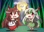  2girls animal_ears bamboo bamboo_forest blush breasts brooch brown_hair chibi collarbone dress ex-keine fang feiton forest full_moon green_hair hat horn_ribbon horns imaizumi_kagerou jewelry kamishirasawa_keine long_hair long_sleeves looking_at_viewer moon multiple_girls nature off_shoulder open_mouth red_eyes ribbon sukusuku_hakutaku suspenders tail touhou translation_request wide_sleeves wolf_ears wolf_tail 