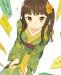  1girl bangs blunt_bangs blush breasts brown_eyes brown_hair flower from_above hair_flower hair_ornament japanese_clothes kimono looking_at_viewer marker obi original question_mark sash sidelocks solo tanabata tanzaku white_background zpolice 