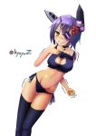  1girl anger_vein bell bell_choker black_panties blush bra breasts cat_cutout cat_ear_panties cat_lingerie choker cleavage cleavage_cutout collarbone eyepatch groin headgear highres jingle_bell kyoyaz large_breasts looking_at_viewer navel panties purple_hair short_hair side-tie_panties simple_background solo tenryuu_(kantai_collection) thigh-highs trembling underwear underwear_only white_background yellow_eyes 