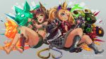  2girls animal_ears anklet aqua_eyes barefoot bastet_(p&amp;d) blonde_hair blush brown_hair capelet cat_ears cat_tail commentary_request dark_skin denebola_(p&amp;d) egyptian fake_animal_ears fang flat_chest fur_trim green_eyes highres jewelry kurokitsune_(float0108) long_hair midriff multiple_girls navel open_mouth puzzle_&amp;_dragons skirt smile tail wavy_hair 