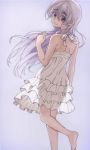  1girl back bare_shoulders barefoot casual chaika_trabant dress frilled_dress frills hare_(haaale) highres hitsugi_no_chaika long_hair looking_at_viewer looking_back see-through_silhouette silver_hair smile solo sundress violet_eyes white_dress wind 