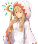  1girl bangs blonde_hair blunt_bangs braid breasts final_fantasy final_fantasy_tactics gloves hood long_hair lowres red_eyes robe simple_background solo staff tagme twin_braids twintails upper_body weapon white_background white_mage white_mage_(fft) 