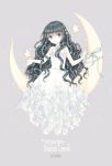  1girl artist_name bangs black_hair cardcaptor_sakura character_name copyright_name crescent_moon daidouji_tomoyo dress full_body grey_eyes long_hair moon nabeia ribbon sitting solo star white_dress 