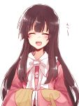  1girl black_hair blush closed_eyes facing_viewer hands_together houraisan_kaguya japanese_clothes long_hair open_mouth six_(fnrptal1010) sleeves_past_wrists smile solo touhou translated 